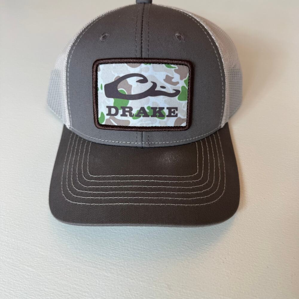Drake Waterfowl Old School Patch 2.0 Mesh Cap Grey Camo Snapback Trucker Hat
